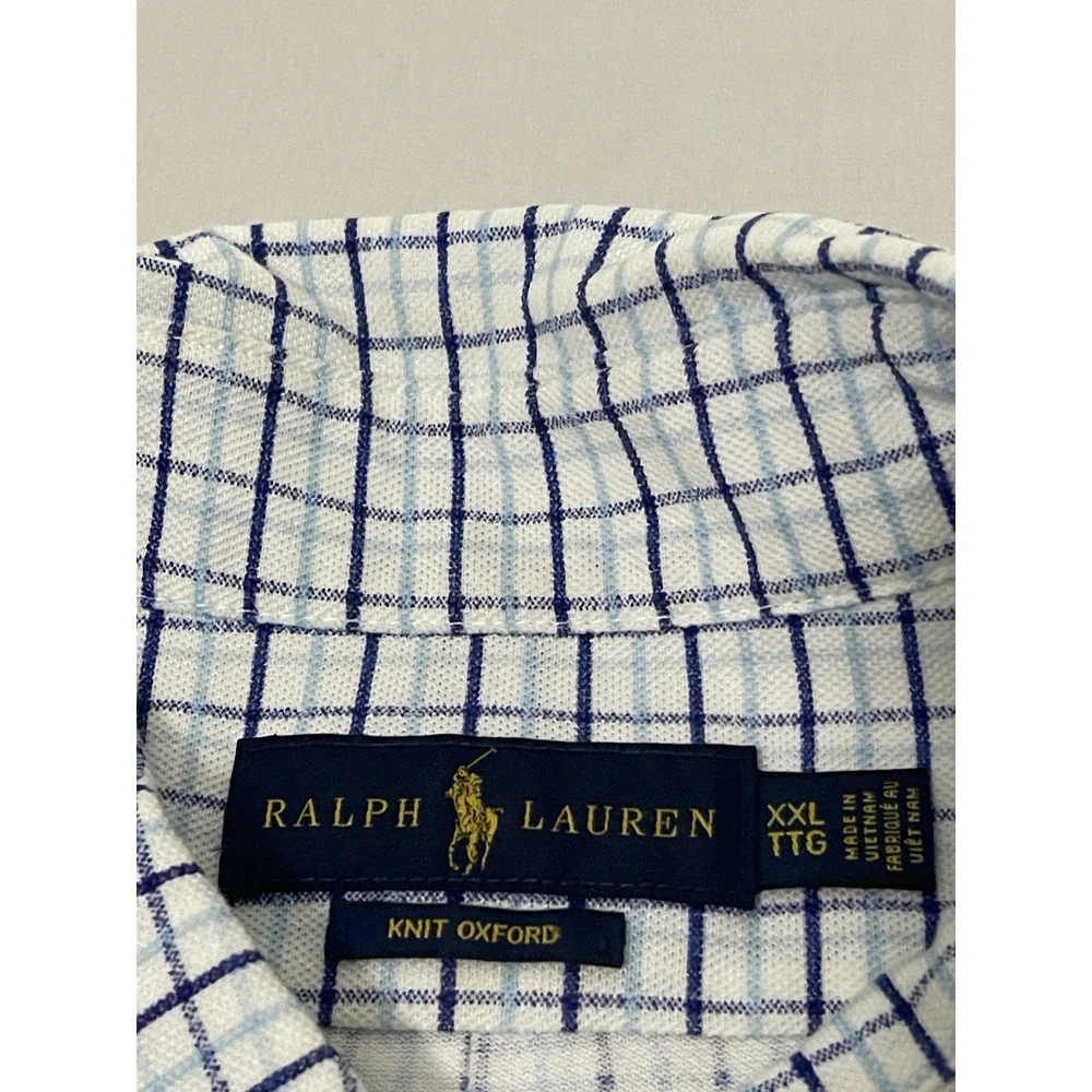 Ralph Lauren Oxford Button Down Shirt Men XXL Blue Check Short Sleeve Flesh Pony - Picture 2 of 6